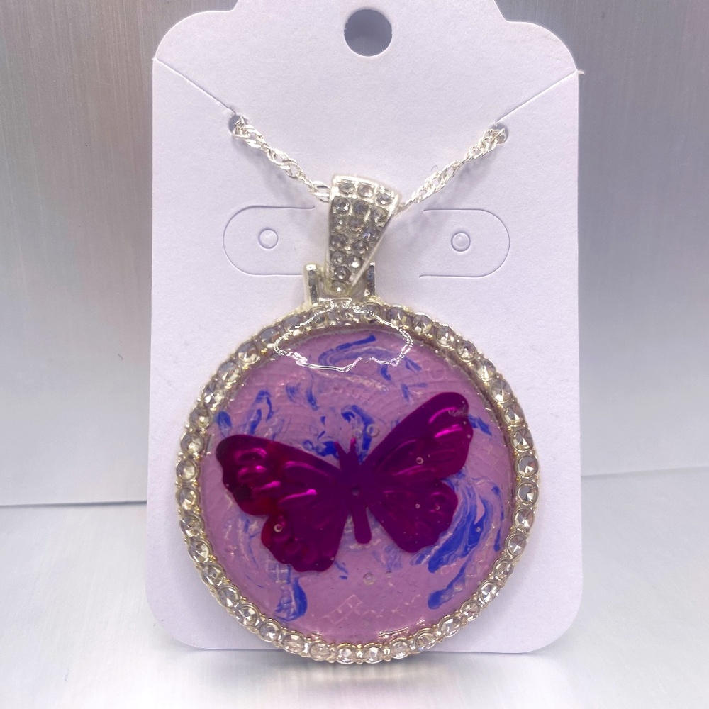 9 inch Rhinestone Purple Butterfly Necklace (1.5 in pendant)